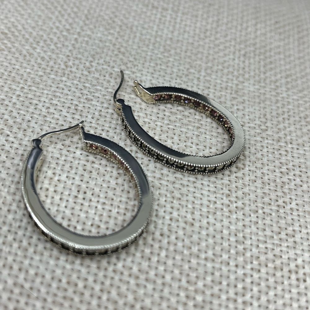 Vintage Suspicion 925 Sterling Silver Marcasite Hoop Earrings with Purple Gems - Picture 3 of 17